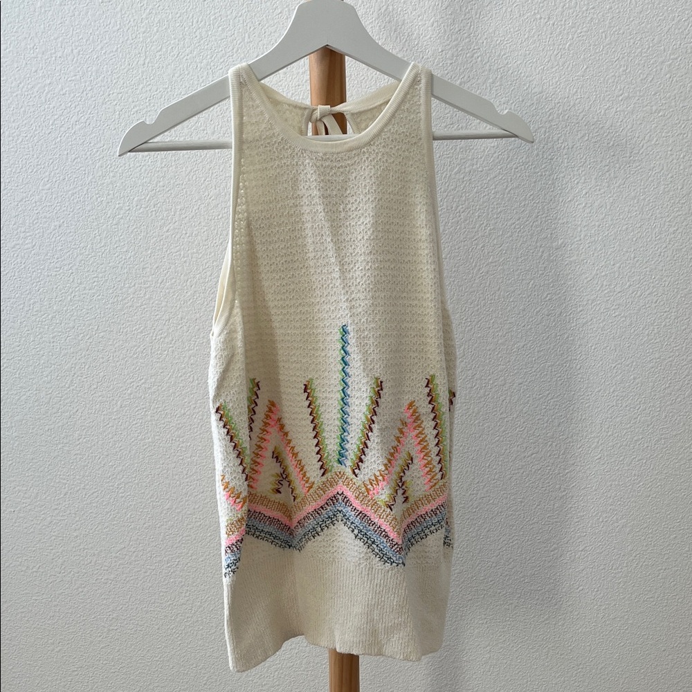 Anthropologie Cream Tank Top with Multicolor Pattern